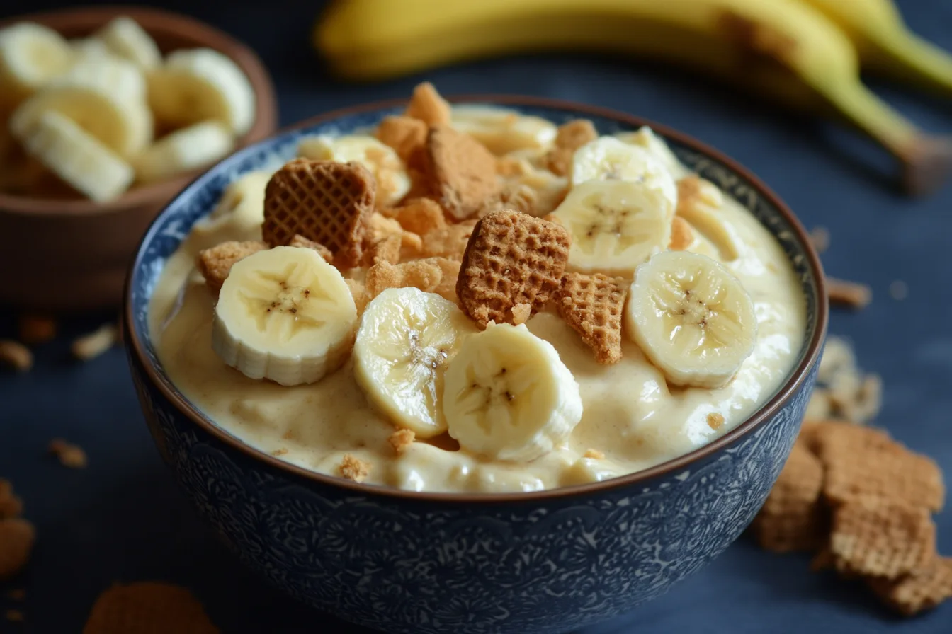 A bowl of creamy banana pudding garnished with banana slices and vanilla wafers