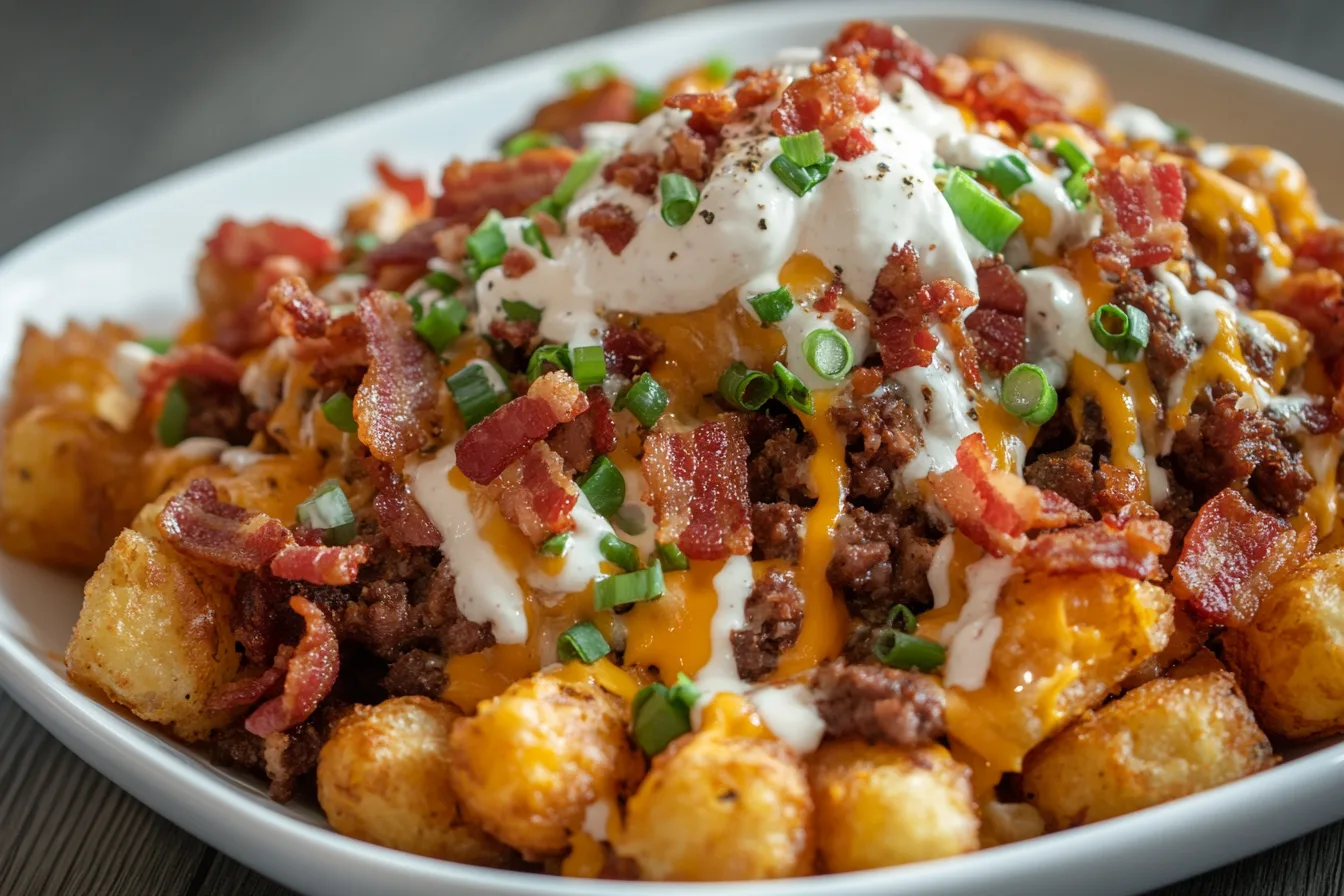 A plate of loaded tater tots with beef bacon