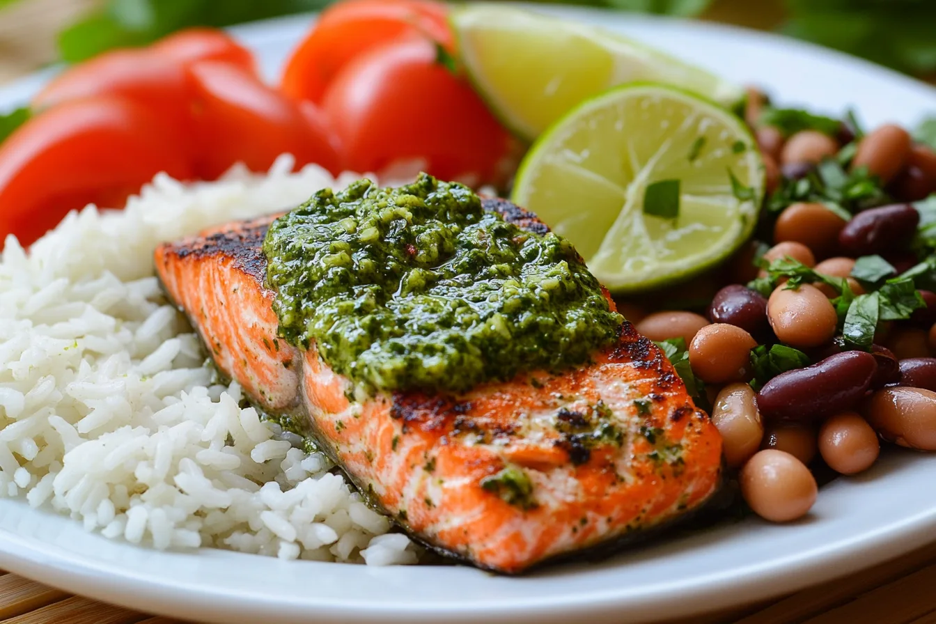 A plate of salmon pesto with rice and beans