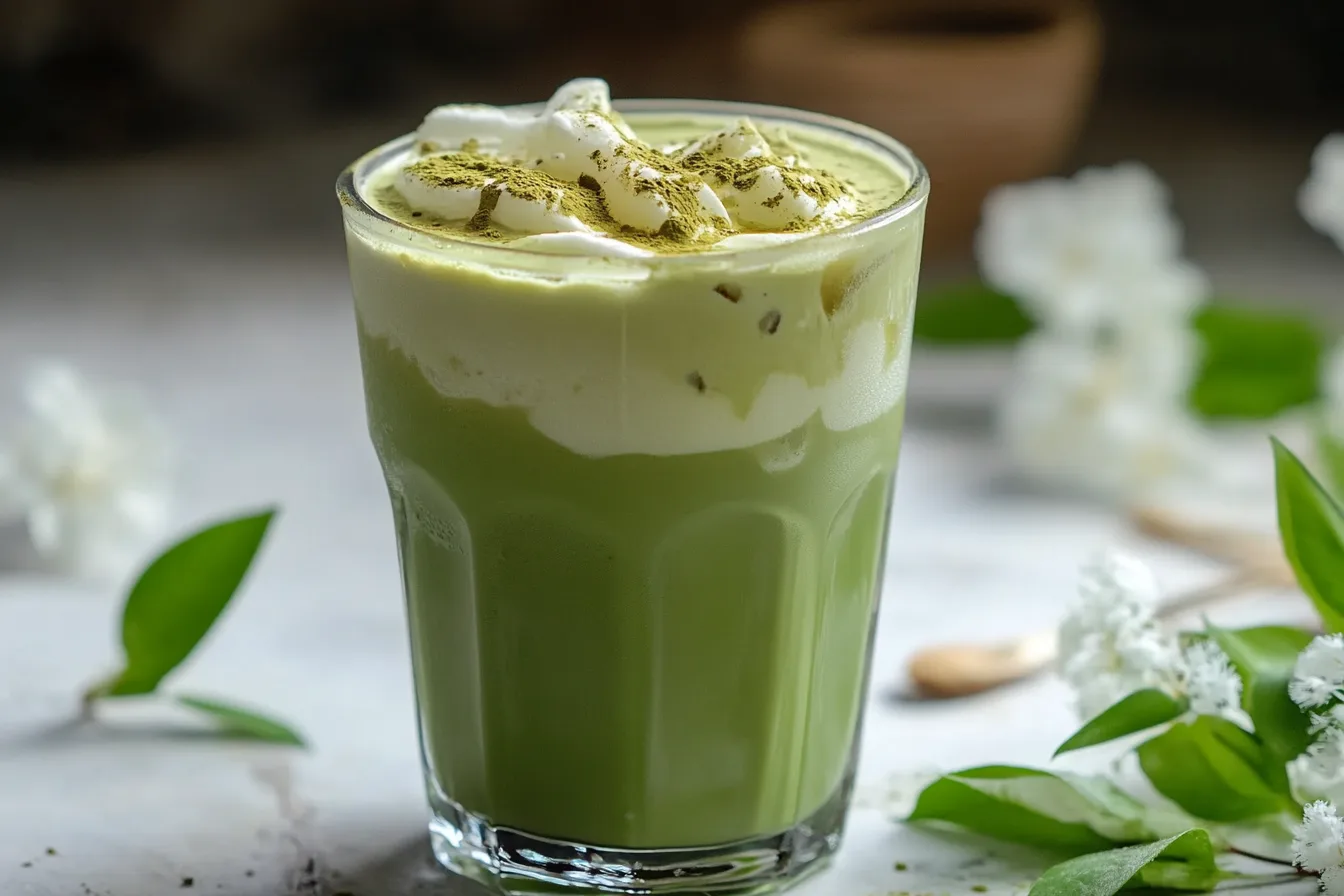 A refreshing glass of iced matcha latte